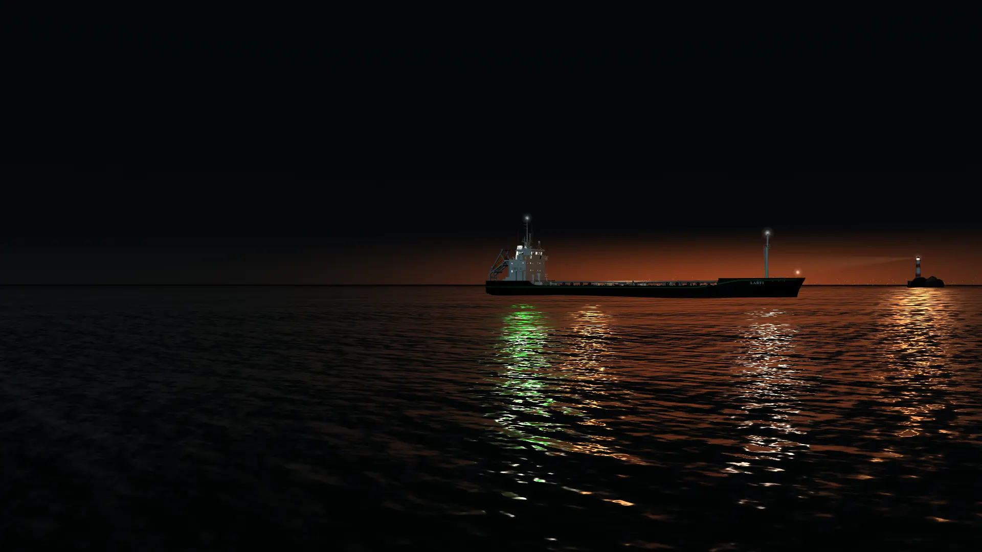 Un pétrolier LARFI au mouillage à l'heure bleue, un phare à l'horizon
