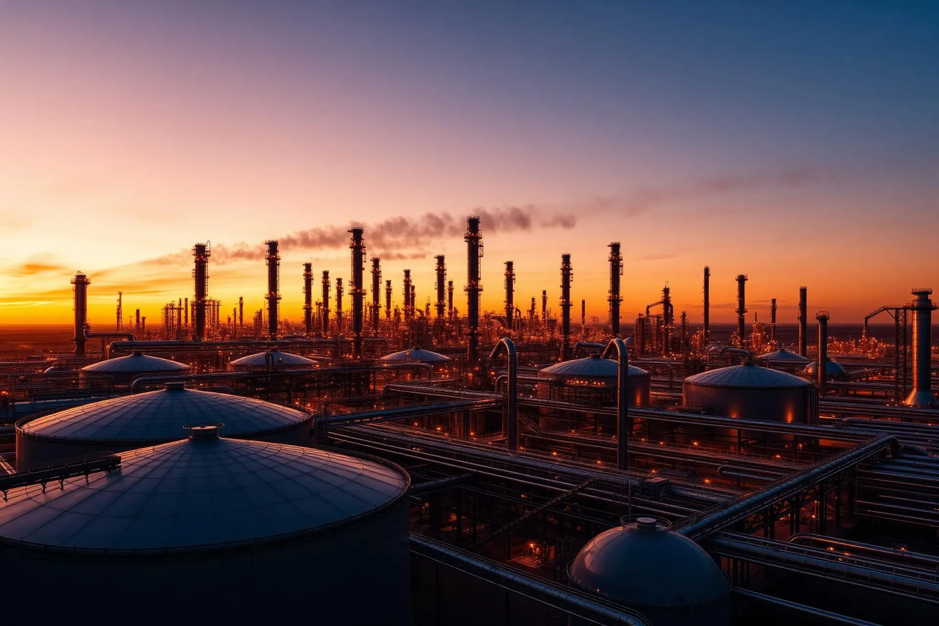 A refinery at dusk, columns and storage tanks against an orange sky