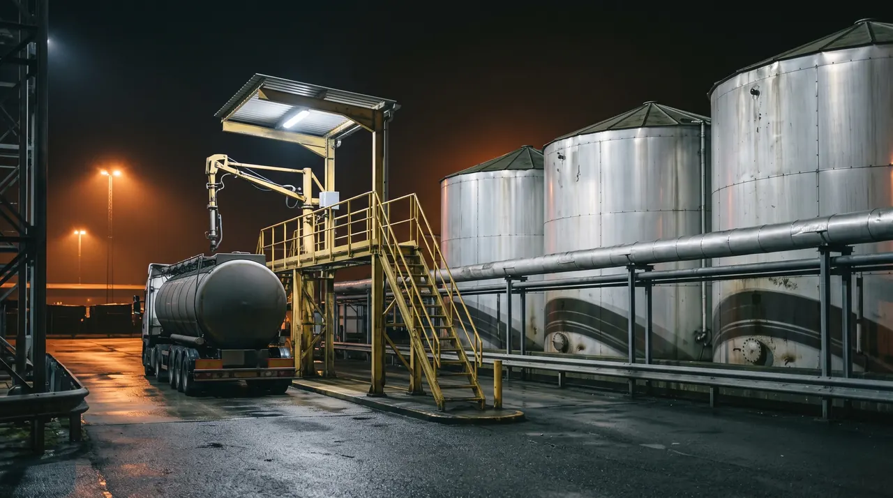 Bacs de bitume calorifugés et camion-citerne au poste de chargement, de nuit