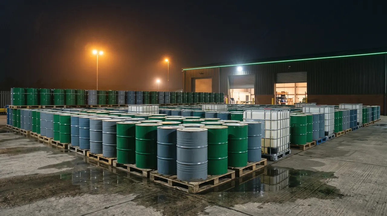 Fûts et cuves IBC de lubrifiants sur palettes dans un dépôt, de nuit
