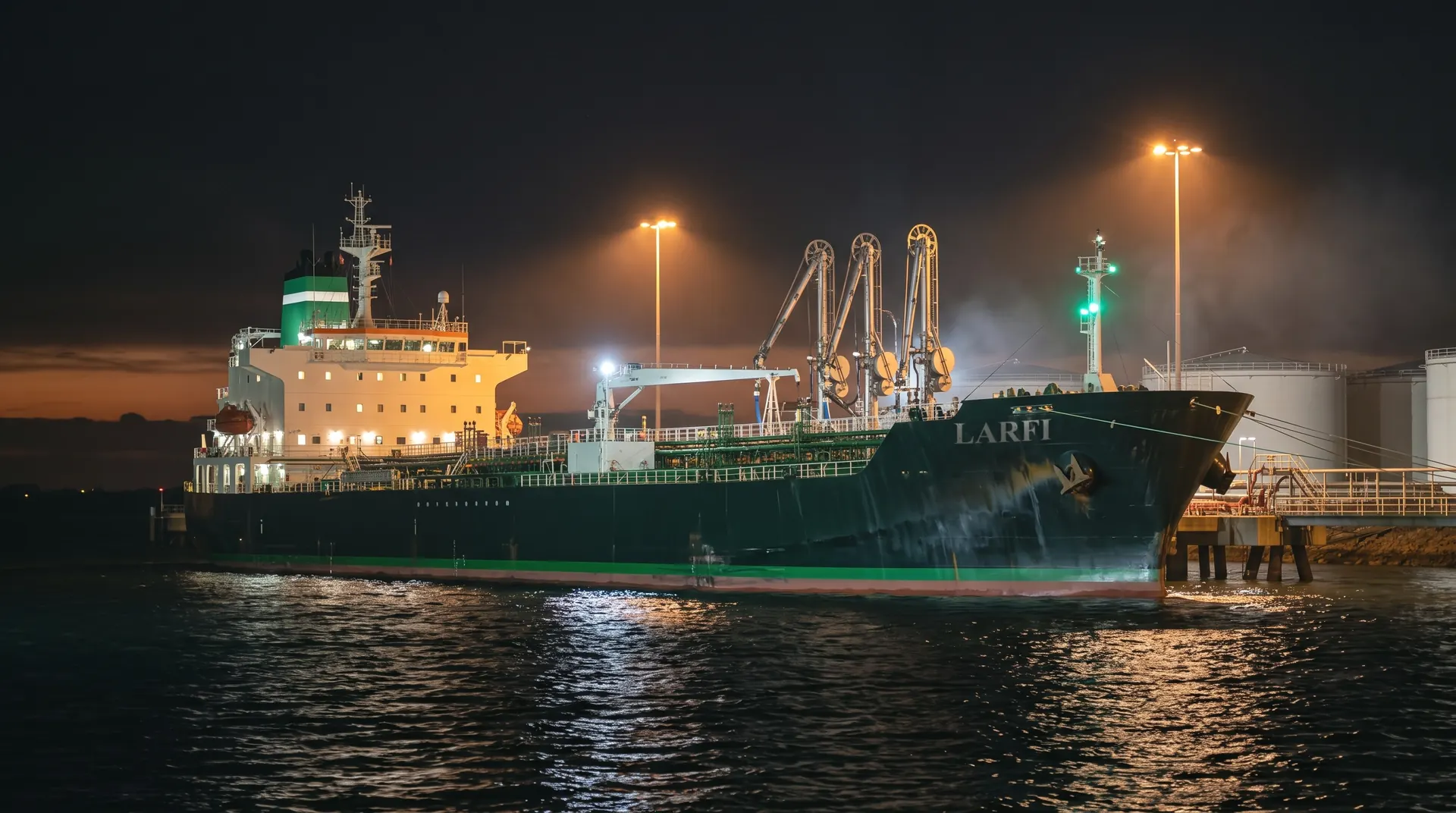 Un pétrolier à quai dans un terminal de chargement de nuit, bras de chargement raccordés